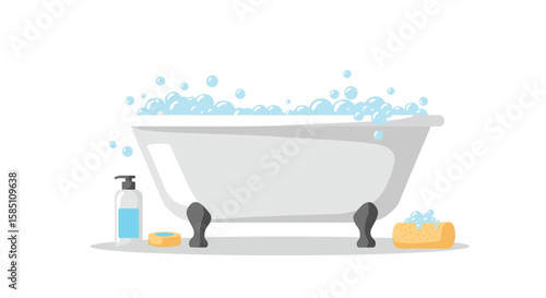 Bathtub with bubbles and bath accessories on white background