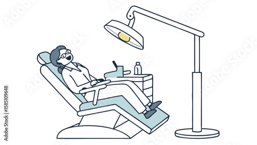 A woman in glasses reclines in a dental chair under a bright examination lamp, with a dental tray and equipment nearby.
