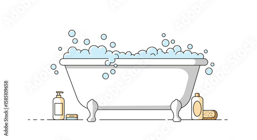 Cozy bath time: bubbles in classic clawfoot tub with toiletries