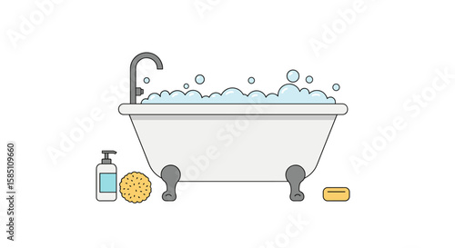 Elegant flat design bathroom scene featuring clawfoot bathtub with bubbles and essential accessories