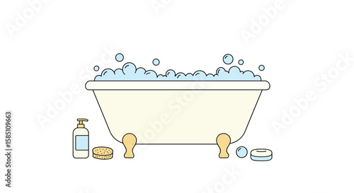 Minimalist bath time essentials with vintage tub and bubble bath