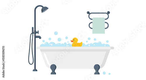 Modern bathroom scene with bathtub and rubber duck in minimalist design