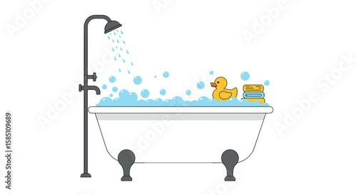 Cozy bath time with rubber duck and bubbles in minimalist design