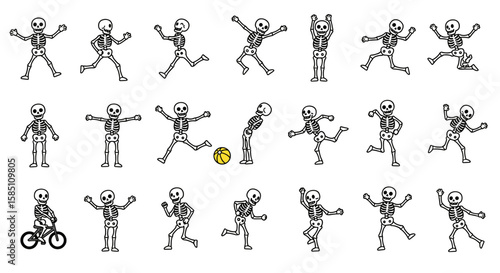 Skeletons in playful poses: dancing, cycling, and sports with cartoon style
