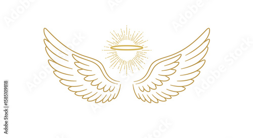 Golden wings with halo and radiating light in minimalist design