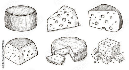 Variety of cheese sketches with hand drawn style featuring different types and textures
