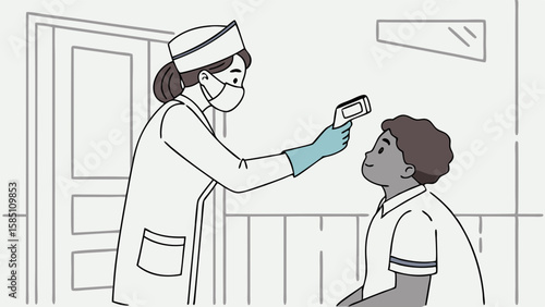 A nurse wearing a mask and gloves uses an infrared thermometer to check the temperature of a young boy.