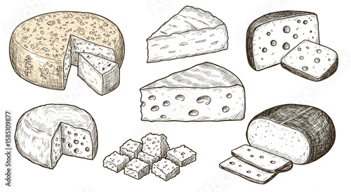 Hand drawn set of various cheese types with slices and blocks