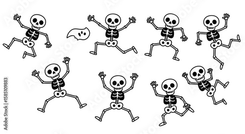 Animated dancing skeletons and ghost in playful cartoon style