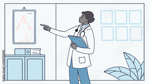 A Black female doctor explains a diagnosis to a patient using an anatomical chart.