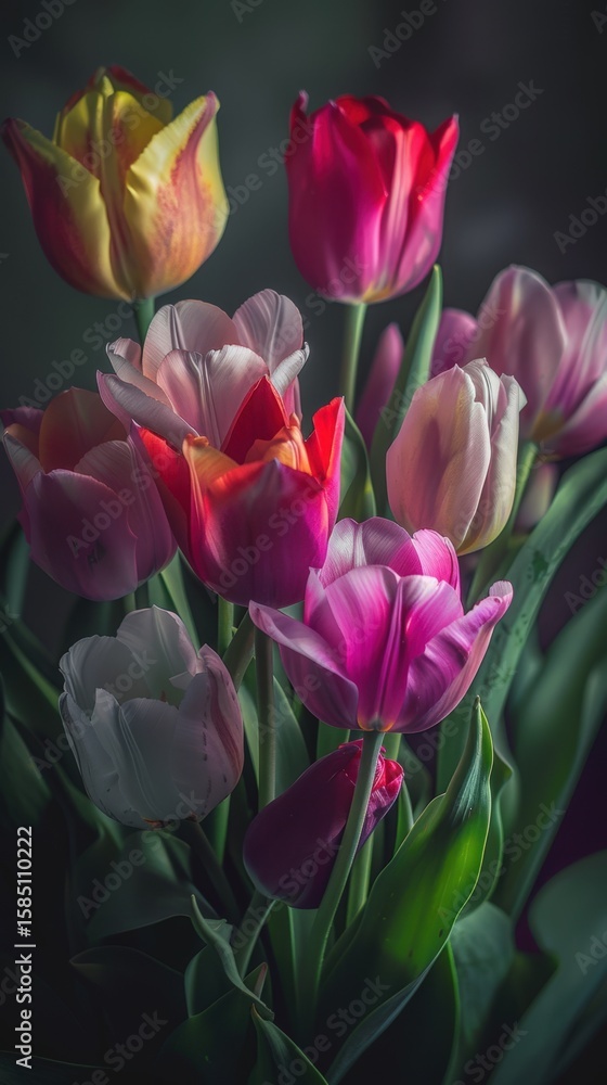 Obraz premium A bouquet of vibrant tulips in full bloom closeup image.