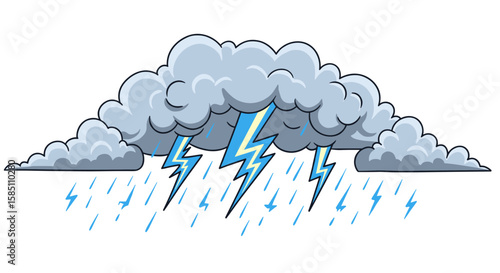 Cartoon thunderstorm with dark clouds and blue lightning bolts on white background