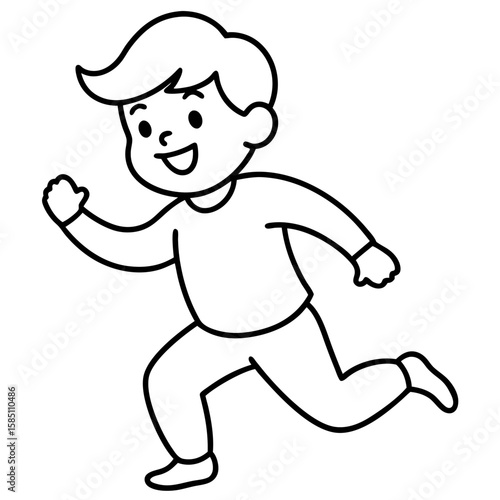 Simple line art of a child running with a joyful expression isolated on white background