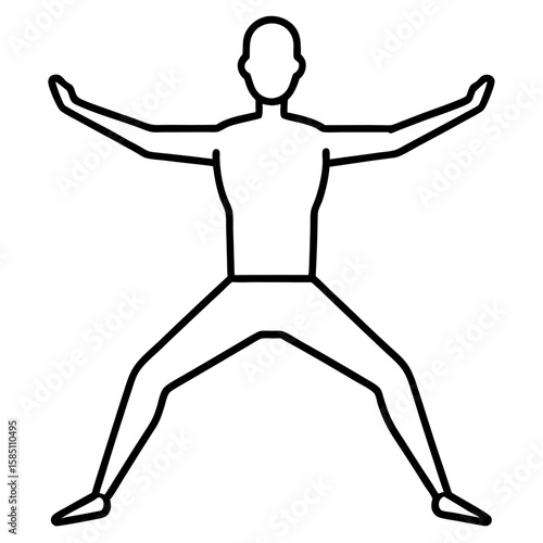 Minimalist line art of a person performing warrior ii yoga pose isolated on white background