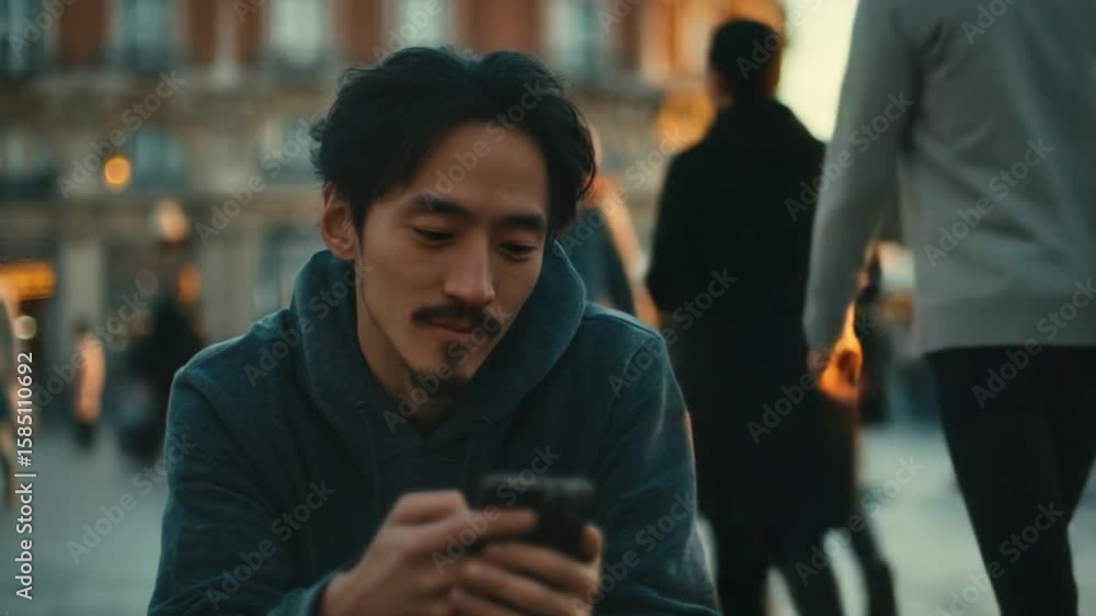 Focused Moments: A man engrossed in his phone amidst the backdrop of an urban setting. Capturing the essence of modern connection and contemplative moments in a vibrant city. Focused Moments: A man engrossed in his phone amidst the backdrop of an urban setting. Capturing the essence of modern connection and contemplative moments in a vibrant city.