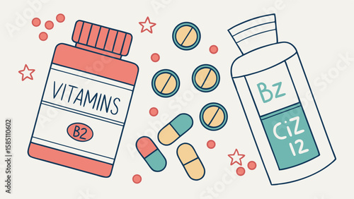 Illustration of vitamin bottles and various pills and capsules scattered around.