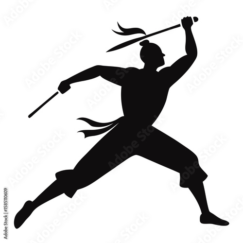 Silhouette of a martial artist in action with nunchucks isolated on white background