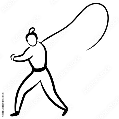 Dynamic line art illustration of a martial artist performing a nunchuck move isolated on white background