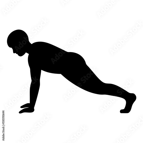 Black silhouette of a person performing a plank exercise isolated on white background