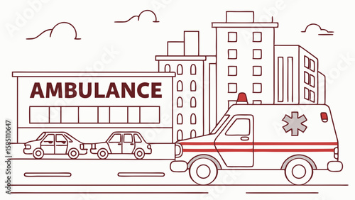 An ambulance parked in front of a hospital building in a city scene.