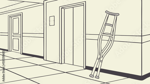 Hospital corridor with elevator and crutches.