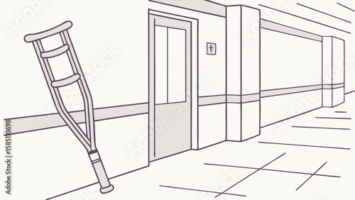A single crutch leans against the wall in a long, empty hallway, suggesting injury or recovery.