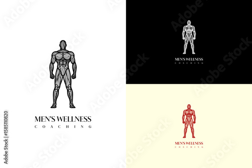 standing male made with layered curvy strokes vector illustration, logo for gym, bodybuilding, mindful man, men's self care, male therapy, men's support, men's wellness coaching, and more
