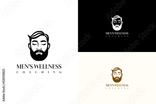 calm bearded face with closed eyes vector illustration, icon, logo for men's emotional health, male therapy, male self care, men's support, mindful man, men's wellness coaching, and more