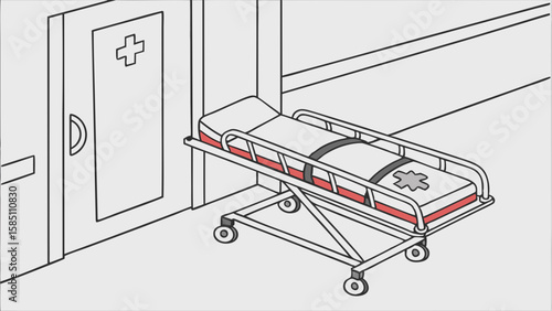 Stretcher outside hospital entrance, medical emergency illustration.
