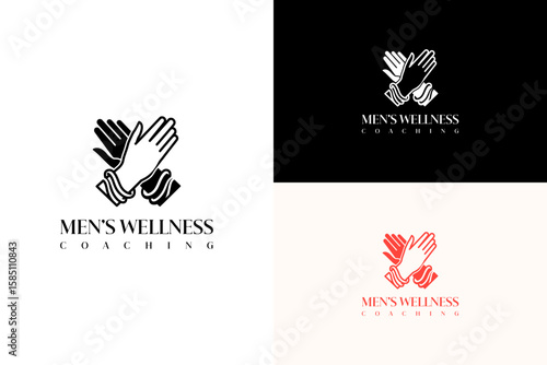 vector illustration of two hands joined together, icon, logo for male therapy, men's support, emotional health, mindful man, men's self care, self improvement, men's wellness coaching, and more