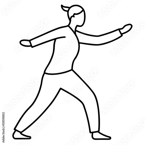 Elegant line art of a tai chi practitioner performing a flowing movement isolated on white background