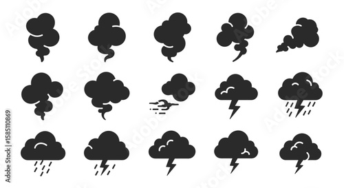 Silhouette weather icons set: storms, clouds, lightning, and rain symbols