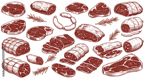 Hand drawn meat cuts with sausages and herbs in seamless pattern