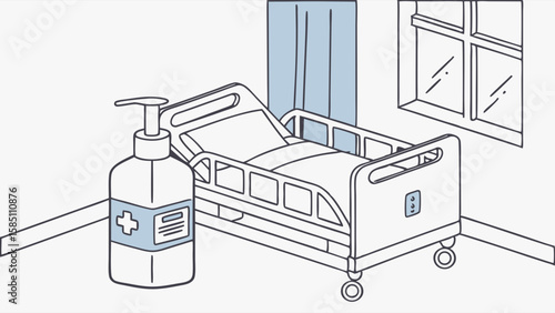 Hospital room with bed and hand sanitizer.