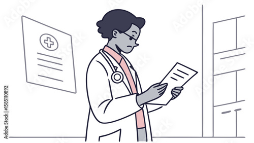 Female doctor in white coat reading a medical document in a clinic.