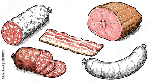 Hand drawn assorted meats: sausage, bacon and ham delights in sketch style