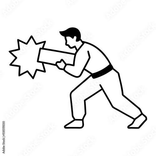 Dynamic line art of a martial artist breaking a wooden board isolated on white background