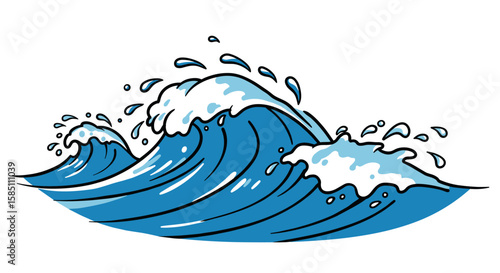 Dynamic ocean wave with splashing foam in bold cartoon style