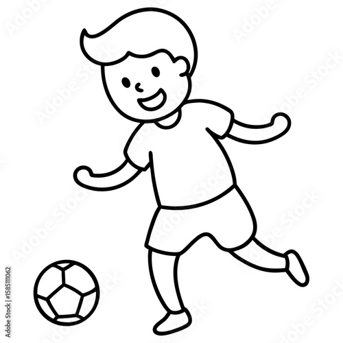 Simple line art illustration of a child kicking a soccer ball isolated on white background