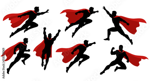 Dynamic superhero silhouettes in action poses with red capes