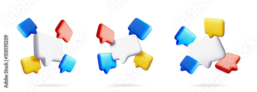 Set of 3d vector blank message bubbles for social media concept. White chat box surrounded by colorful speech balloons for communication.