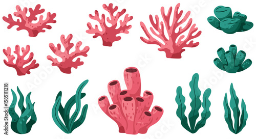Vibrant underwater coral and seaweed collection in flat design
