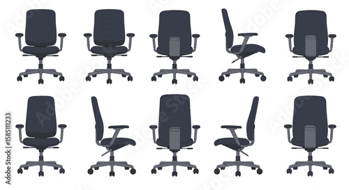 Ergonomic office chairs in various angles for workspace design