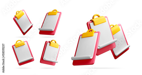Red clipboards with blank paper, a 3d vector render. Concept of a to do list or a blank checklist ready for input.