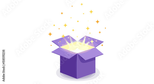 Magic purple box with glowing light and sparkles emanating in a 3d fantasy style