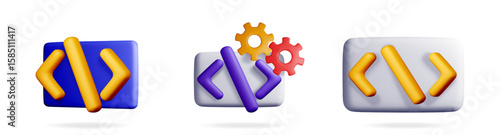 A set of 3d vector illustrations of code and programming icons. Digital technology symbol collection with gear settings for app development concept.