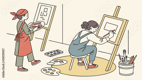 An illustration of two young artists painting on canvases with easels in a creative studio class.