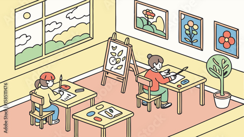 Children engaged in art class, learning to paint and draw at their desks with an easel and artwork displayed on the walls.