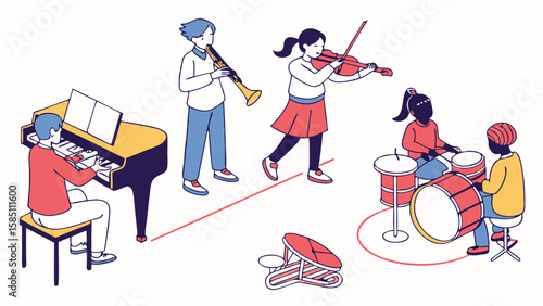 Children playing various musical instruments together.