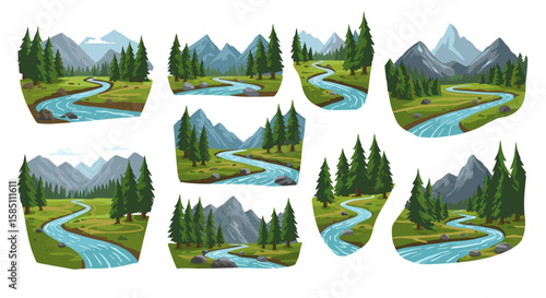Scenic mountain landscape with flowing river in multiple design variations